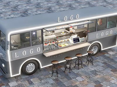 Stylish Mobile Food Truck With Neon Lights Transparent Windows And Outdoor Stools 3d model
