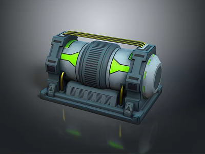 Gray Industrial Mechanical Device Featuring Green Illuminated Accents Yellow Stripes And Support Structure 3d model