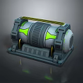 Gray Industrial Mechanical Device Featuring Green Illuminated Accents Yellow Stripes And Support Structure