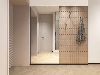 Modern Entryway Interior With Wooden Hooks For Coat Hanging And Minimalist Design 3d model