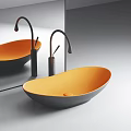 Modern Bathroom Interior Featuring Oval Orange White Green Washbasin With Black Faucet And Mirror
