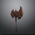 Demonic Fantasy Axe with Red Orange Flame Effects Glowing Core and Decorative Handle Texture