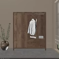 Wooden Wardrobe With Open Section Hanging White Shirt Drawers Folded Items And Potted Plant