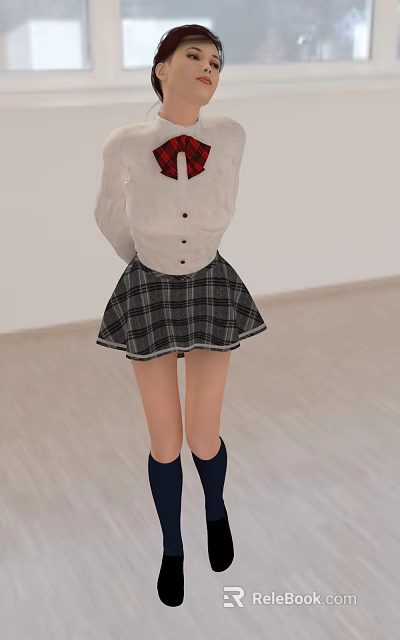Woman In White Shirt Red Bow Tie Black Plaid Skirt Blue Socks On Light Floor 3d model 
