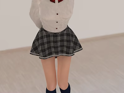 Woman In White Shirt Red Bow Tie Black Plaid Skirt Blue Socks On Light Floor 3d model