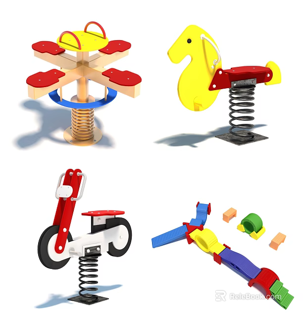 Building Blocks Crafted Children's Playground Toys Featuring Spring Carousel Rocking Horse Tricycle And Slide 3d model 