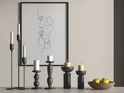 Modern Decorative Candle Holders With Line Art Painting And Fruit Bowl 3d model