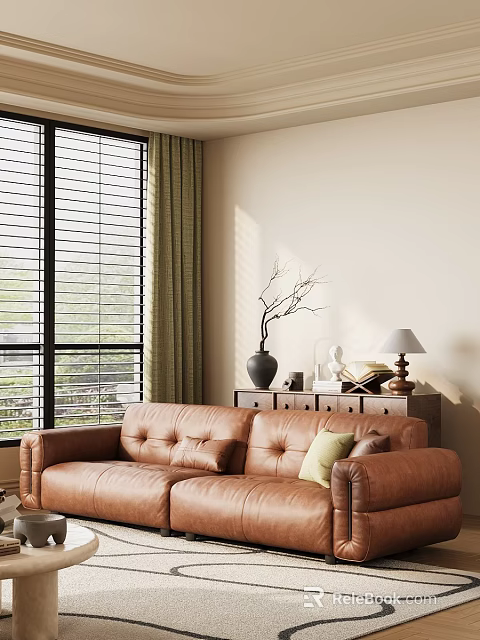 Brown Leather Sectional Sofa in Living Room with Window Blinds Side Table Lamp and Vase 3d model 