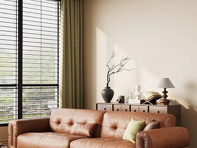 Brown Leather Sectional Sofa in Living Room with Window Blinds Side Table Lamp and Vase 3d model