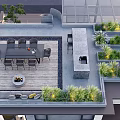 Roof Garden Terrace Design With Dining Table Sofa Bar Counter And Green Plants