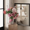 Pink Peonies in Glass Vase on Square Pedestal with Decorative Painting and Natural Light