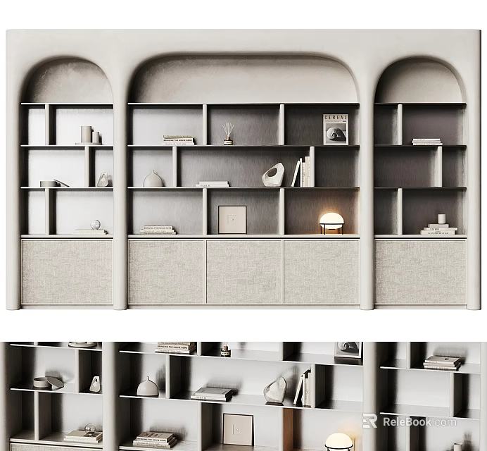 Modern Grey Bookshelf Interior With Open Shelves Books And Decorative Lamp 3d model 