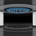 Futuristic Art Installation With Circular Ceiling Blue Ring And Pillars On Round Floor Platform 3d model