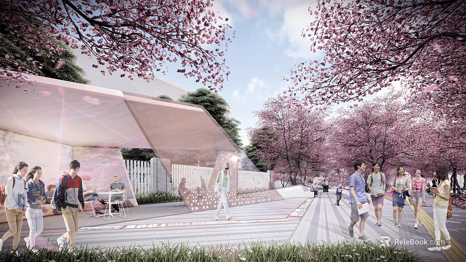 Scenic Plaza Landscape With Cherry Blossom Trees Transparent Structure And Pedestrians On Walkway 3d model 