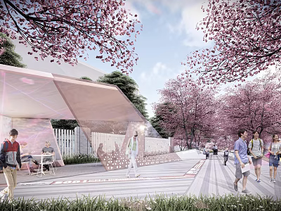 Scenic Plaza Landscape With Cherry Blossom Trees Transparent Structure And Pedestrians On Walkway 3d model