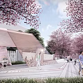 Scenic Plaza Landscape With Cherry Blossom Trees Transparent Structure And Pedestrians On Walkway
