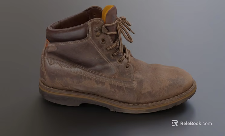 Brown Leather Work Boots With Worn Muddy Surface Thick Sole And Round Toe Laces 3d model 