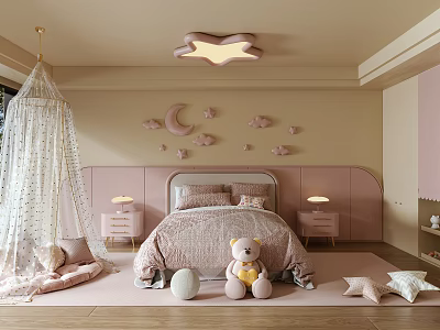 Pink Bedroom Interior With Cloud Moon Wall Decor And Star Shaped Chandelier 3d model