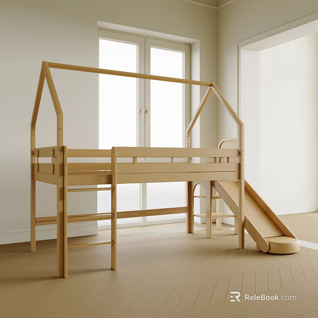 Wooden House Shaped Kids Bed With Slide And Ladder For Children's Bedroom 3d model 