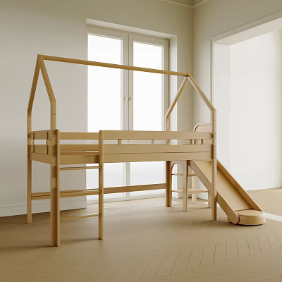 Wooden House Shaped Kids Bed With Slide And Ladder For Children's Bedroom 3d model