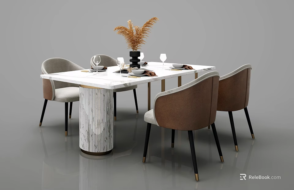 Rectangular Modern White Dining Table Set With Marble Legs Brown Chairs And Gold Accents 3d model