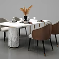 Rectangular Modern White Dining Table Set With Marble Legs Brown Chairs And Gold Accents 3d model