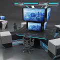 Modern High Tech Office Desk With Multiple Computer Screens And Blue LED Lighting 3d model