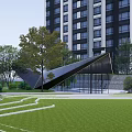 Modern Pergola Structure With Glass Facade And Trees Near High Rise Buildings