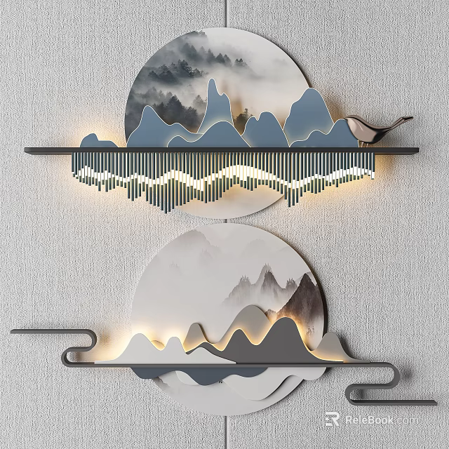 Modern Chinese Style Wall Decor with Circular Mountain Scene LED Light Strips and Shelf 3d model 