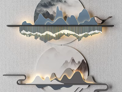 Modern Chinese Style Wall Decor with Circular Mountain Scene LED Light Strips and Shelf 3d model
