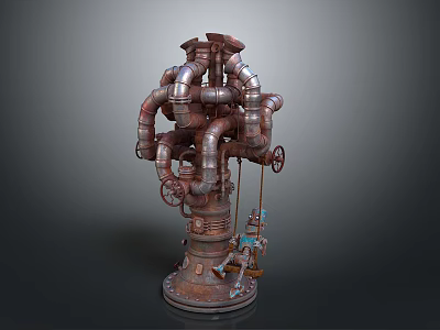Rustic Industrial Pipe Equipment With Curved Pipes Valves And Base Structure 3d model