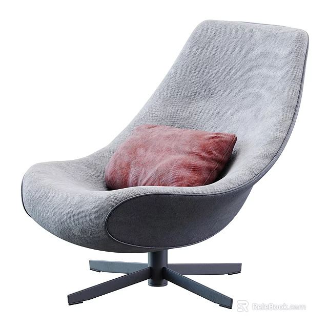 Comfortable Modern Gray Accent Chair With Red Cushion And Black Base 3d model 