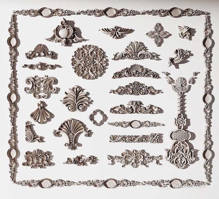Multiple Carved Decorative Elements With Various Ornate Designs And Intricate Patterns 3d model 