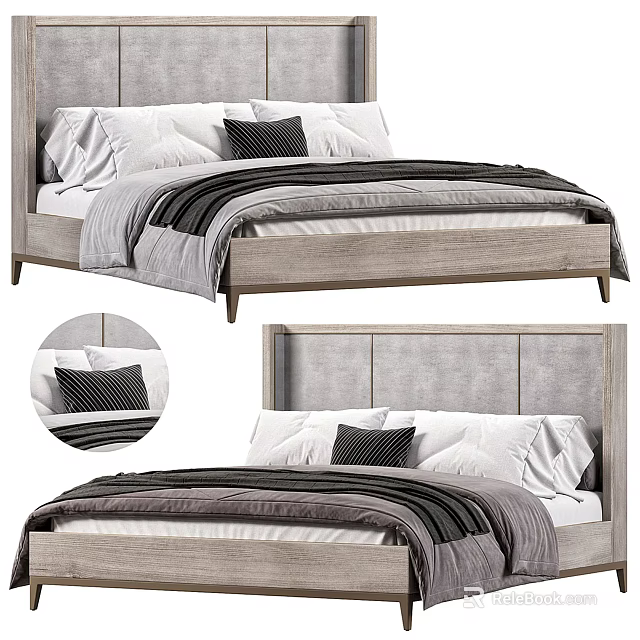 Modern Double Bed With Gray Headboard White Pillows And Black Striped Bedding 3d model