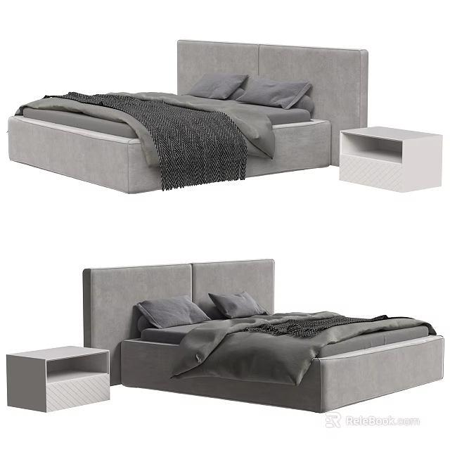 Modern Upholstered Double Bed With Gray Headboard Bedding And Side Nightstand 3d model
