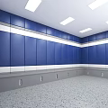 Monitoring Room Interior With Blue Striped Walls Control Desk And Black Chair