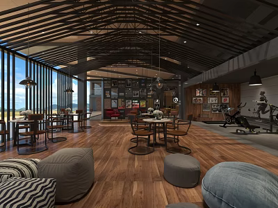 Spacious Modern Gym Interior With Exercise Equipment Rest Area And Wooden Flooring 3d model