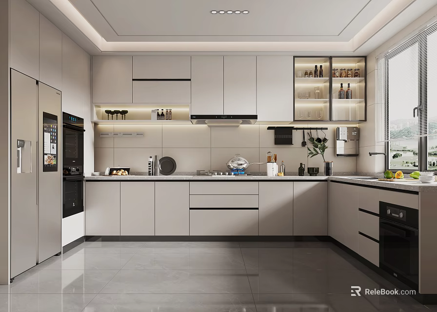Modern Kitchen Interior With White Cabinets Large Windows And Appliances 3d model 