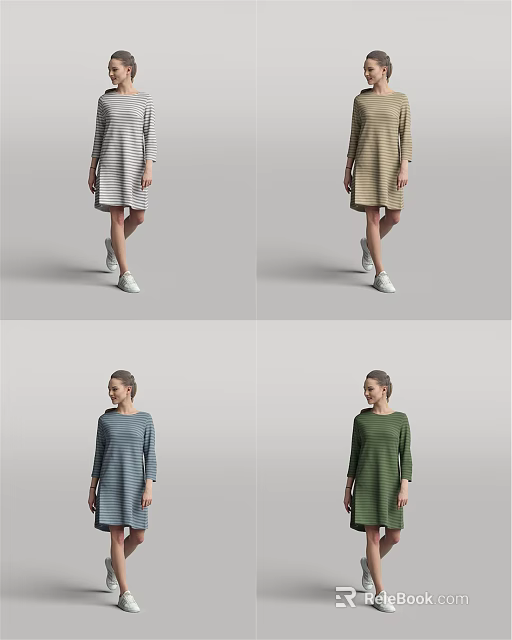 Woman Wearing Long Sleeved Striped Dresses In Various Colors With White Shoes 3d model 