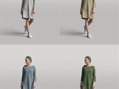 Woman Wearing Long Sleeved Striped Dresses In Various Colors With White Shoes 3d model