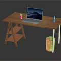 Wooden Office Desk Featuring Laptop Pen Holder Water Bottle And Trash Bin With Crumbled Paper