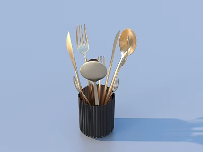 Golden Cutlery Set in Black Striped Cup on Blue Background 3d model