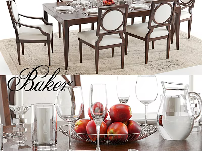 Elegant Dining Table Set With Wooden Table Chairs Fresh Apples And Glassware 3d model