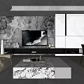 Modern TV Wall Interior Design with Marble Texture and White Storage Cabinets 3d model