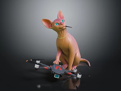 Pink Sphynx Cat With Blue Eyes Sitting On Black Red Drone With Propellers 3d model