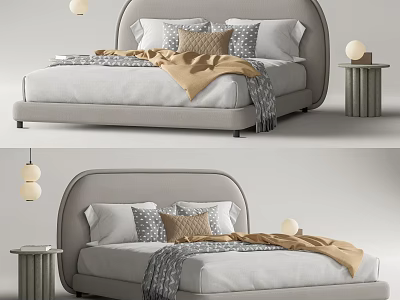 Modern Kids Bed with Curved Headboard Soft Pillows Cozy Blanket and Side Table Pendant Lights 3d model