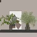 Green Plants in Transparent Glass Vases with Geometric Art Painting on Light Colored Shelf