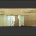 Cartoon Corridor Scene with Yellow Walls Red Carpet Columns and Green Exit Sign