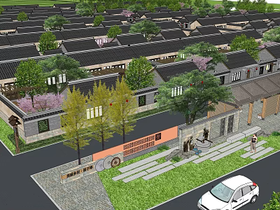 Traditional Cultural Block With Neatly Arranged Black Tile Roofs Trees Pedestrians And White Car 3d model