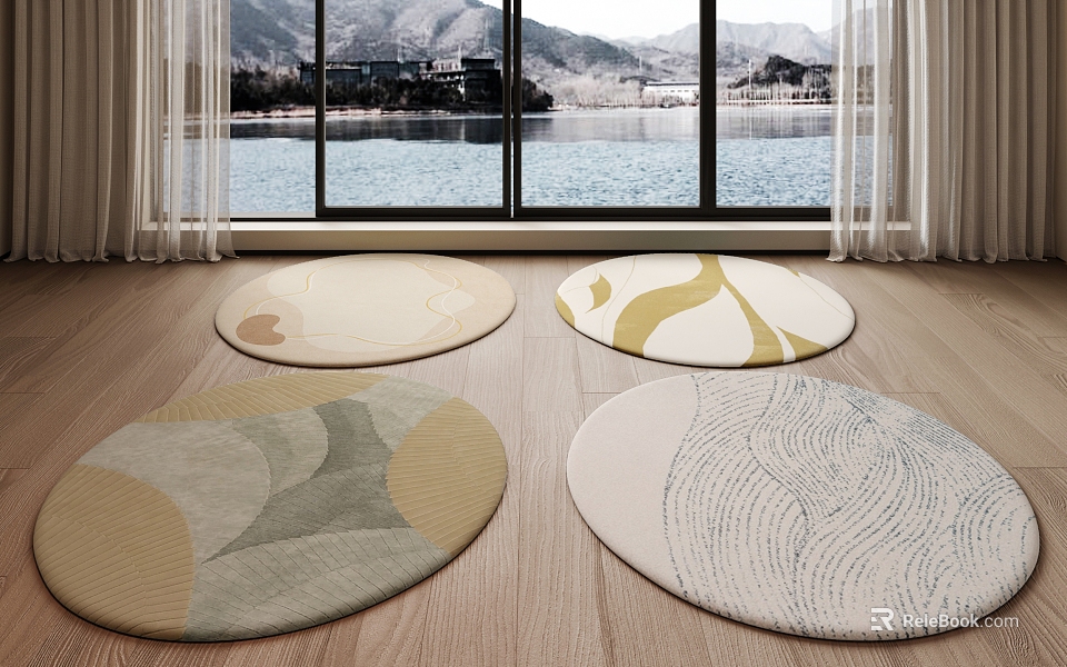 Stylish Round Carpets With Abstract Patterns On Wooden Floor By Lake View Windows 3d model 